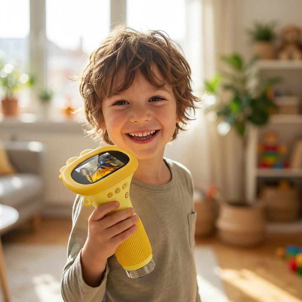 Enfant souriant tenant le microscope portable jaune