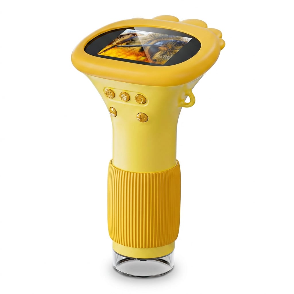 Microscope enfant avec écran allumé montrant un insecte zoomé